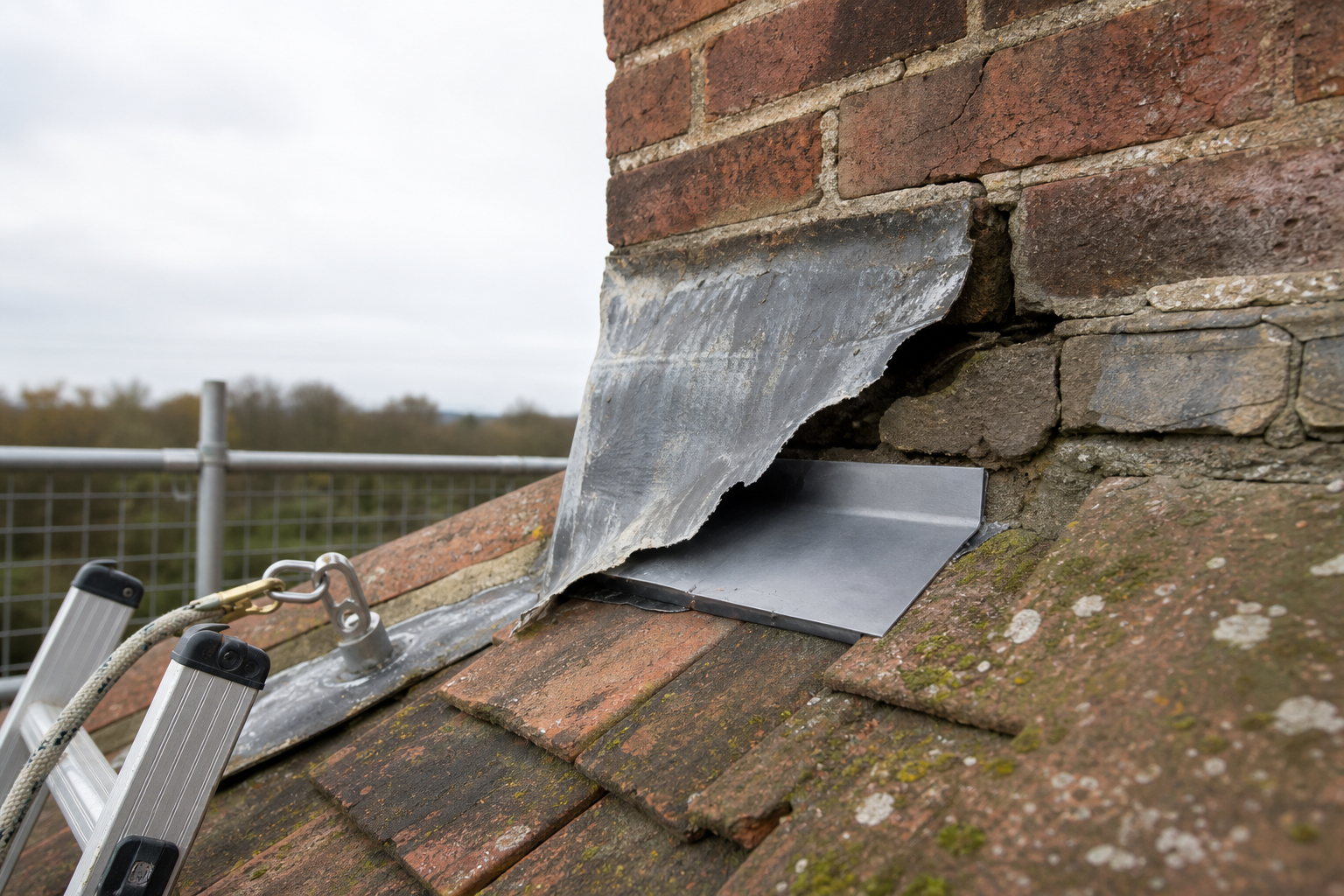 Damaged lead flashing on a brick chimney with a secured ladder and safety rope visible on the tiled roof.
