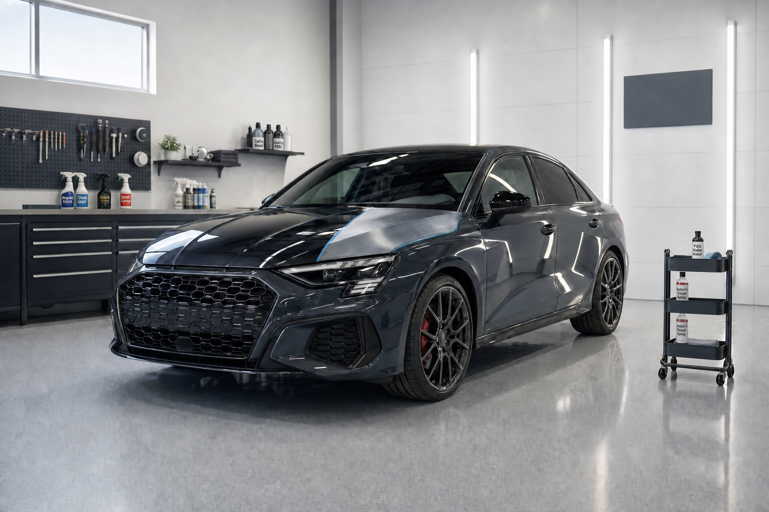 A shiny black car in a pristine garage next to a trolley with detailing products.