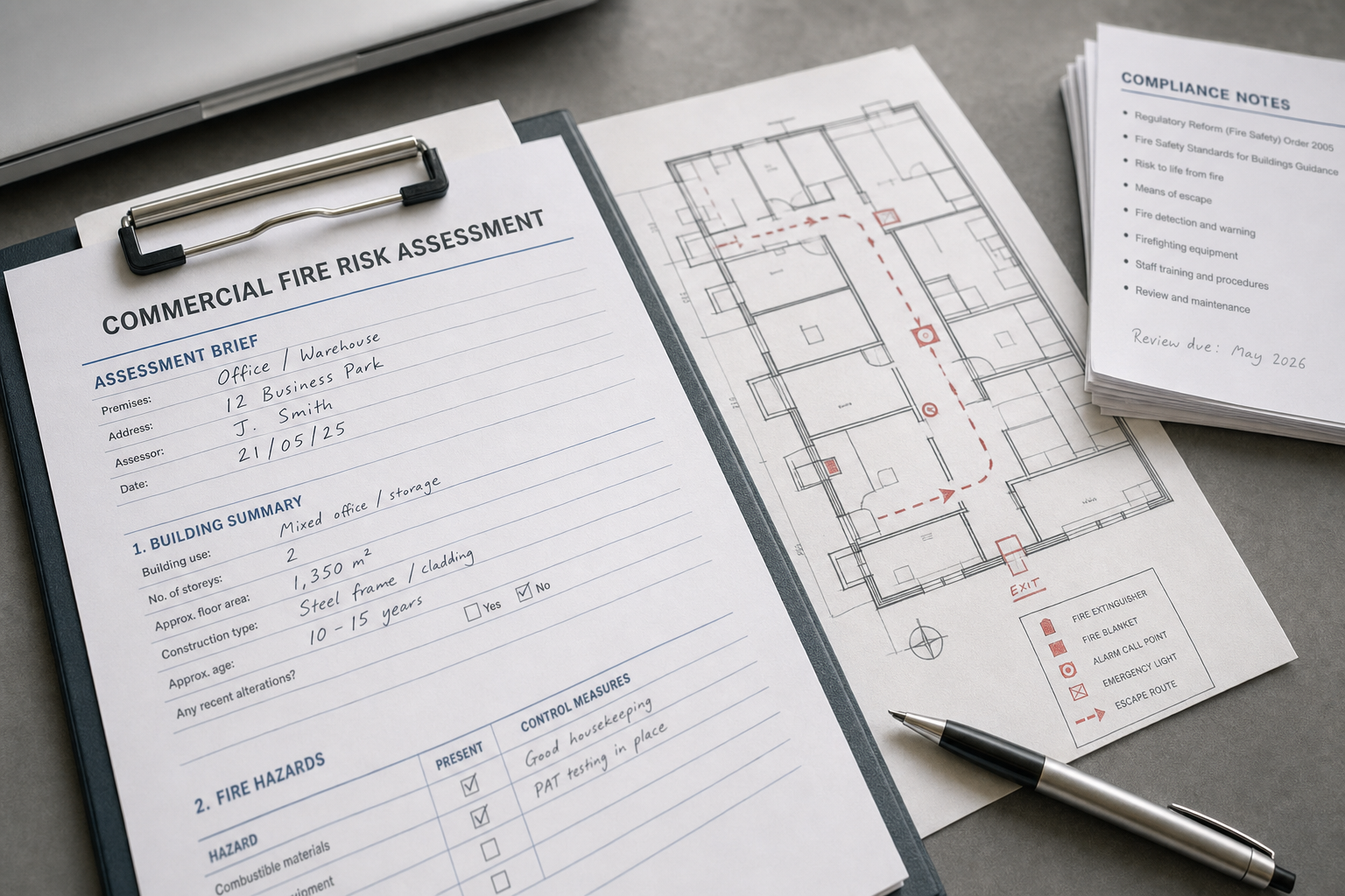 Commercial fire risk assessment form next to a floor plan indicating escape routes and compliance notes.