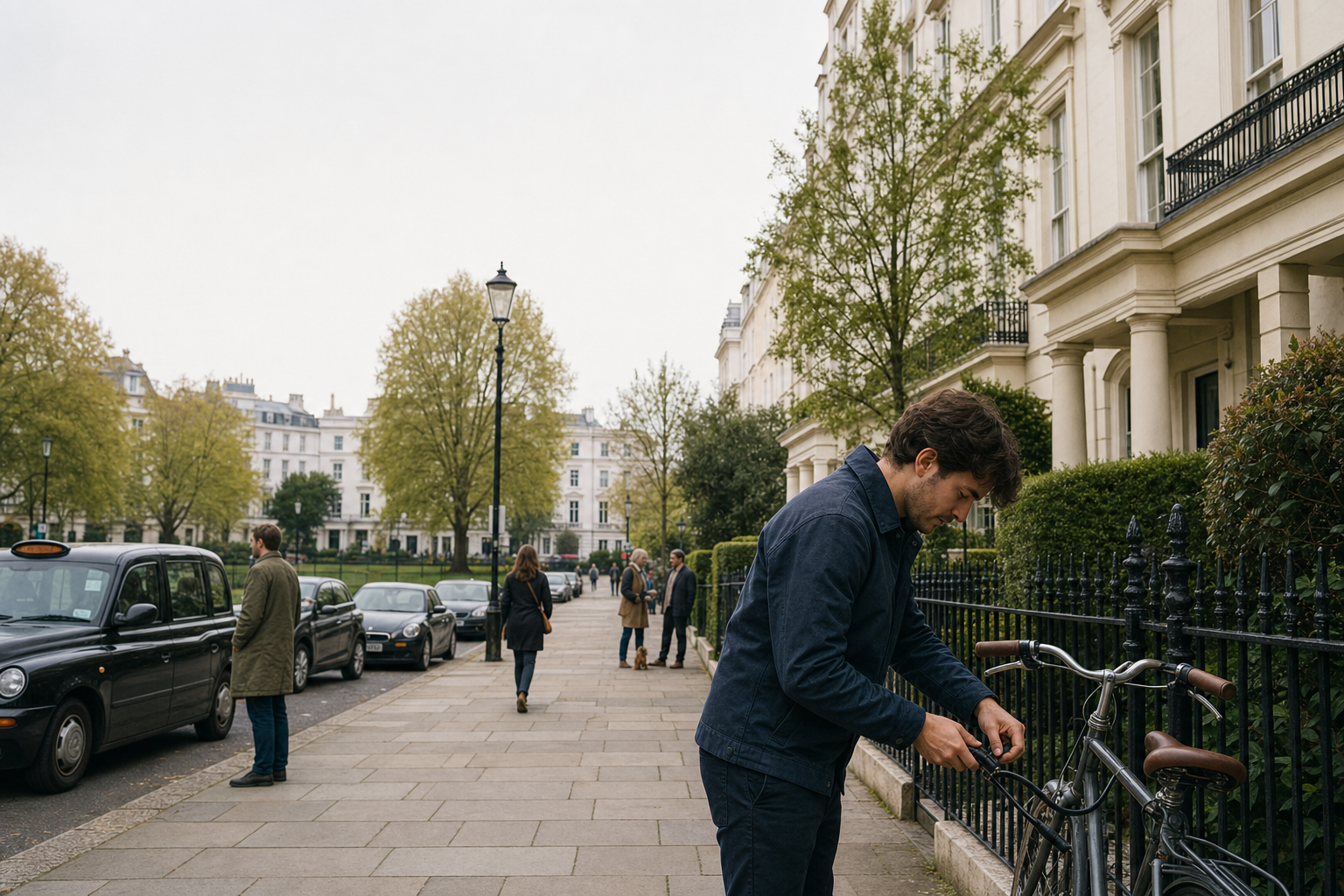 Man locking his bicycle to a metal fence on a tree-lined street with pedestrians and parked cars.