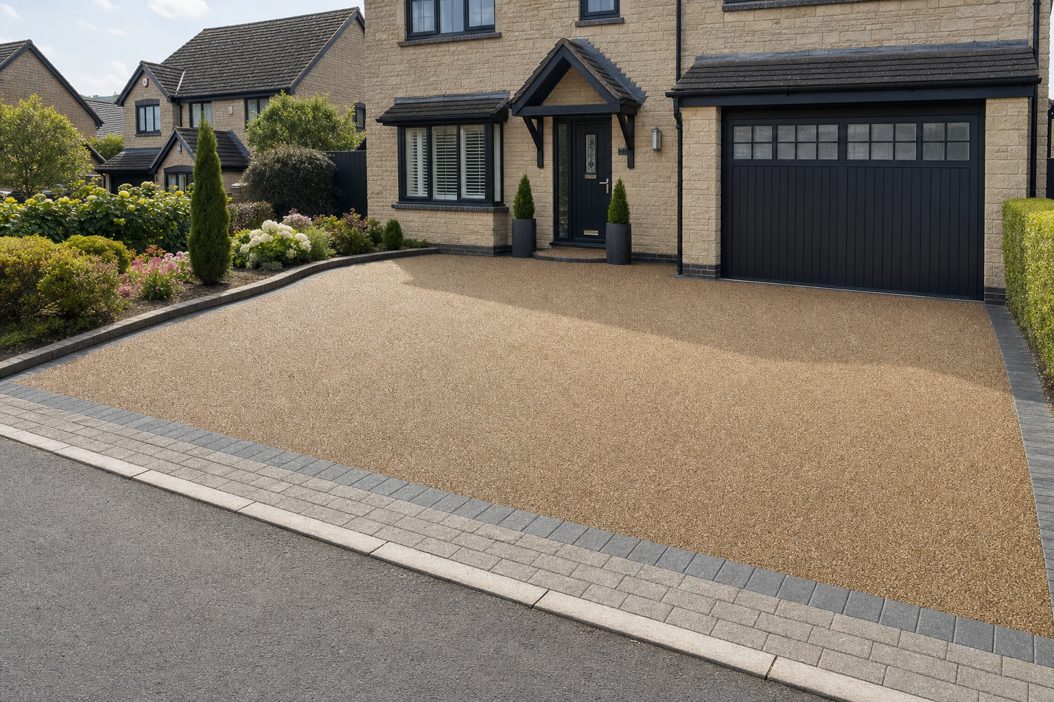 A neat suburban brick house with a resin-bound driveway and well-maintained front garden.