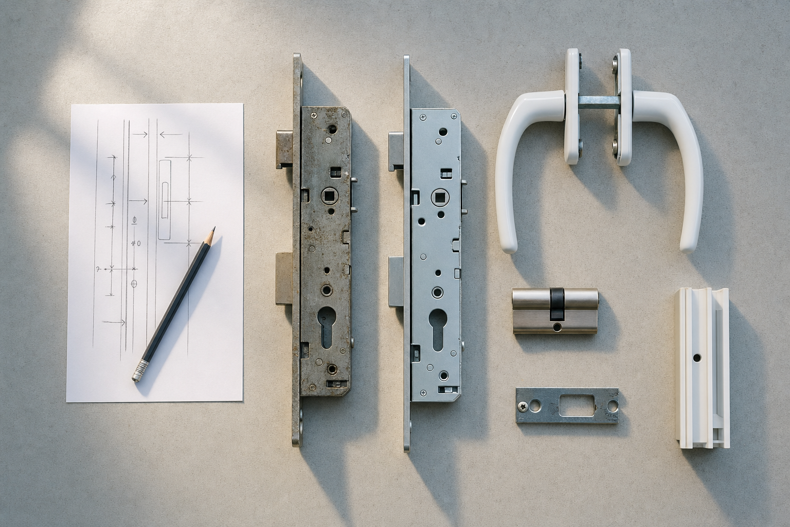 Assorted door lock components and a pencil on a paper with technical sketches are laid out on a grey surface.
