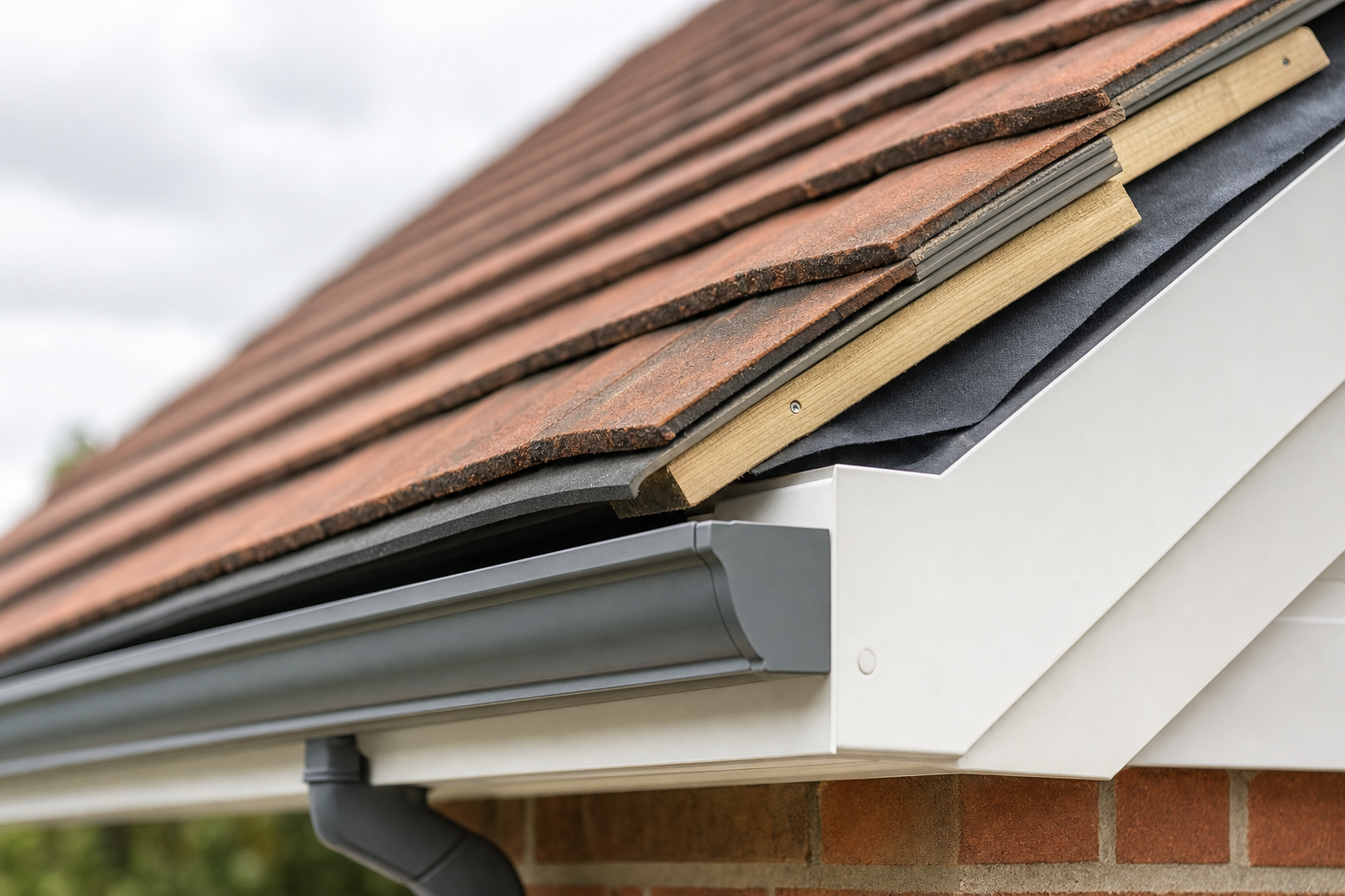 Close-up of a roof corner showing layered tiles, dark grey guttering, and brickwork detail below.