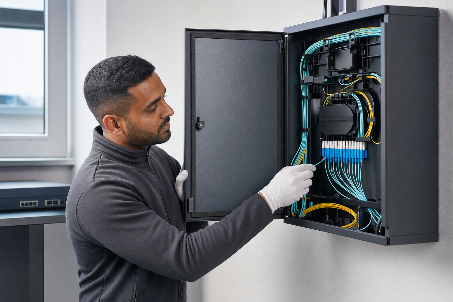 Technician inspecting fibre optic cables inside an open cabinet in a modern office.
