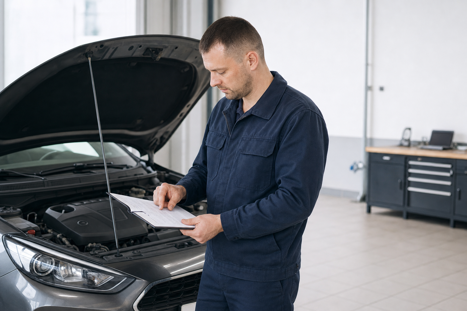 Mechanic in blue overalls reviews paperwork next to a car with its bonnet open in a garage setting.