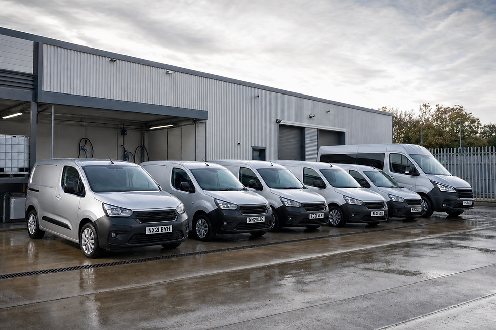 The image shows a line of white commercial cargo vans parked outside a light-industrial building or warehouse on a wet ground