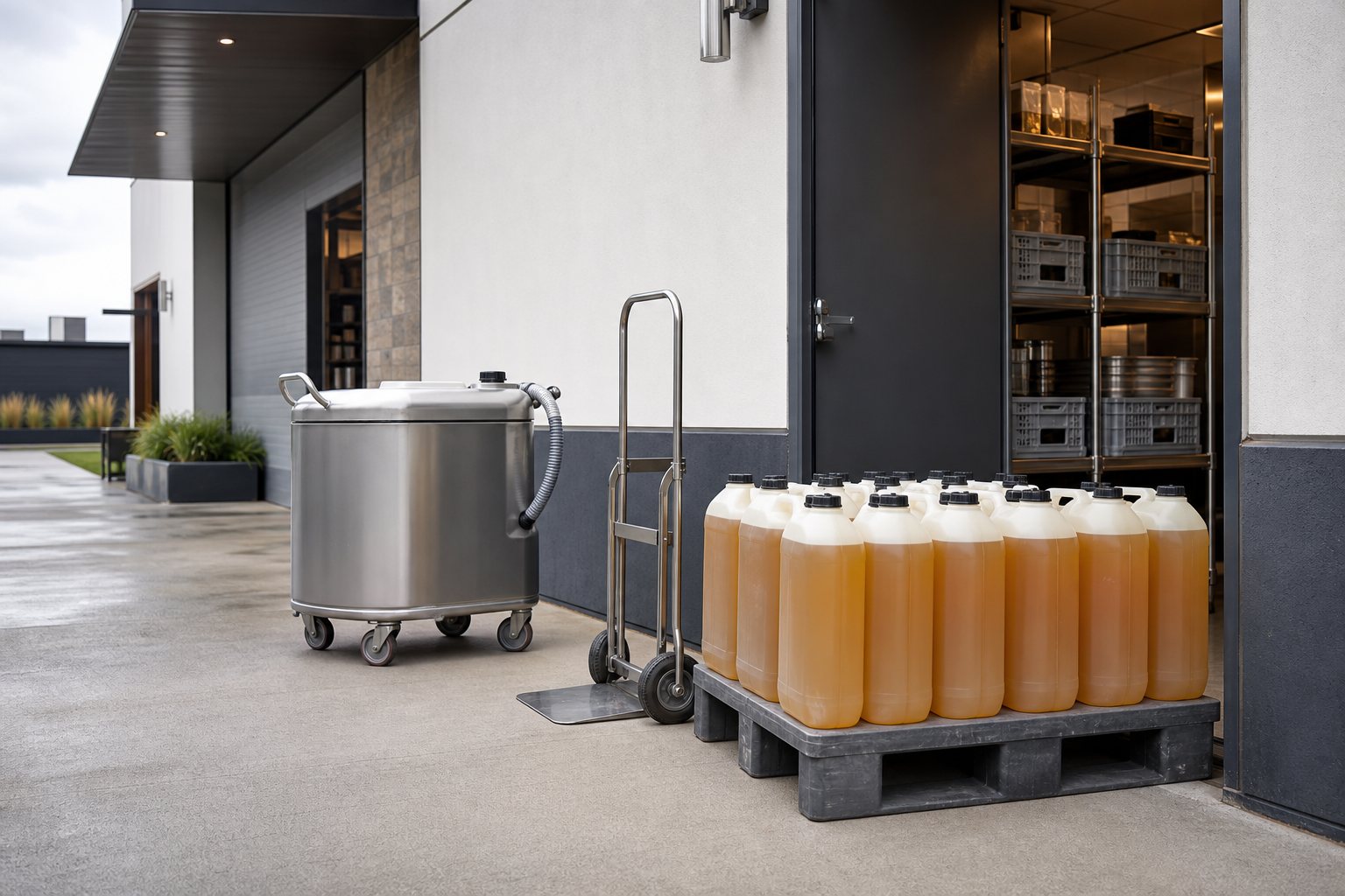Containers of liquid on a pallet outside an open door near a metal tank and dolly.
