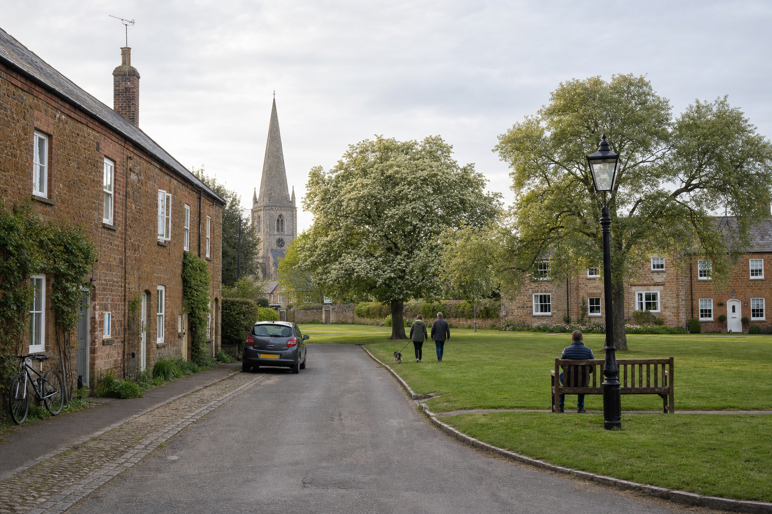 A quiet village scene with a church steeple, cottages, and people walking by a tree-lined street.