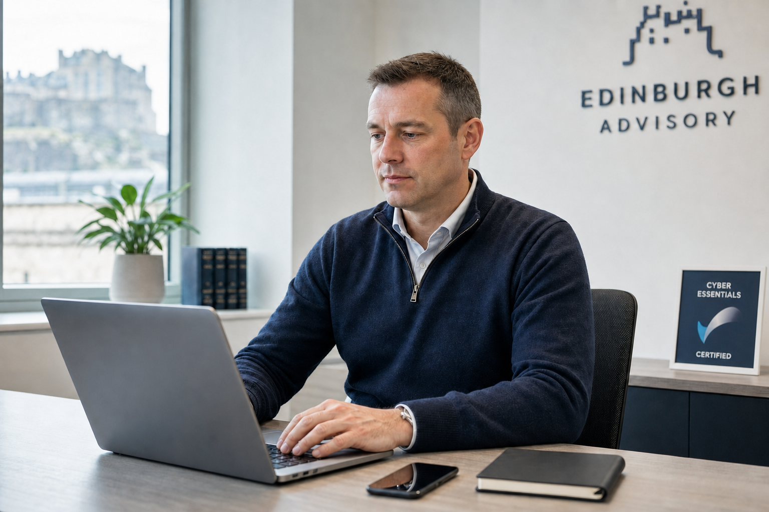 Man working on a laptop in an office with Edinburgh Castle visible through the window.
