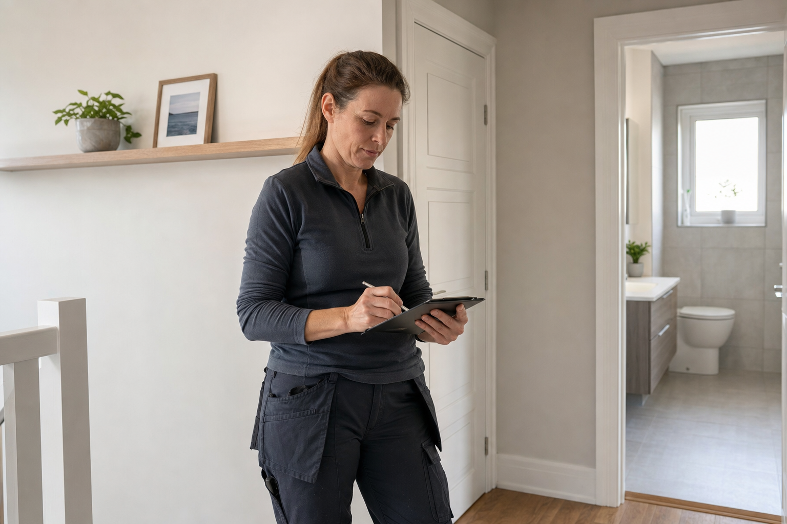 A woman in work attire uses a tablet in a modern hallway with a view of a bathroom.
