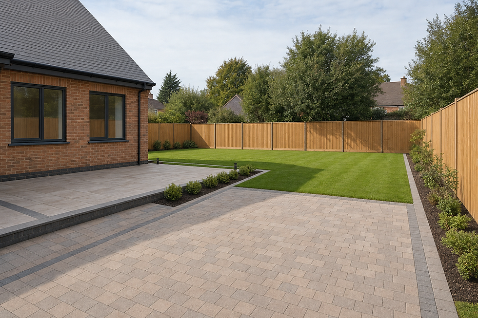 Modern garden with a brick house, paved patio, neatly mowed lawn, and wooden fencing under a clear sky.
