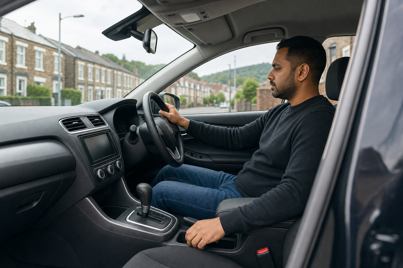 Man sitting in a parked car on a residential street, holding the steering wheel.