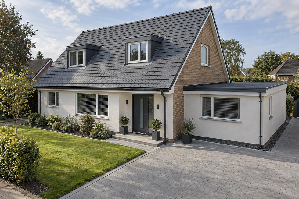 Modern detached house with a grey tiled roof, white walls, and a neat garden surrounded by trees on a sunny day.