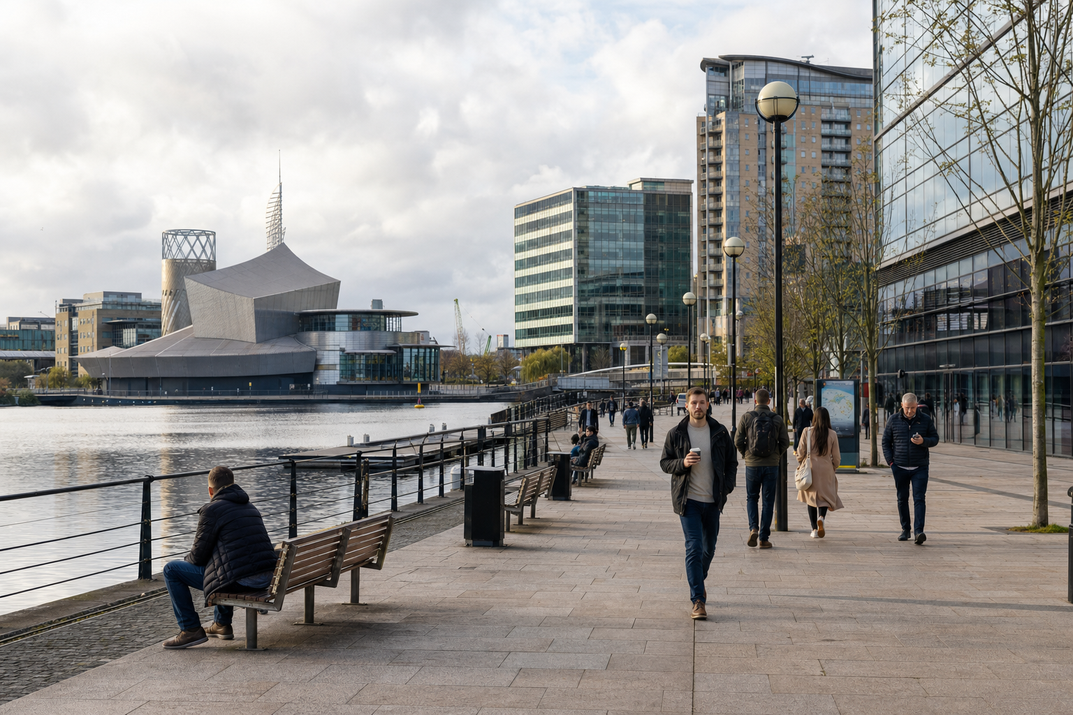 People walking and sitting along a riverside promenade with modern buildings and a distinctive architectural structure in the background.