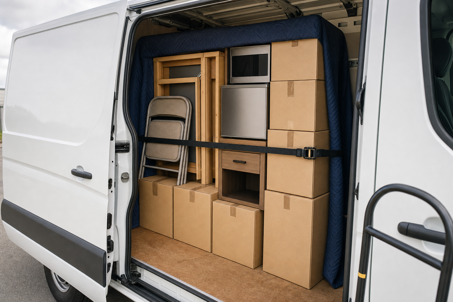 Open van loaded with cardboard boxes, folding chairs, and furniture secured with a strap.