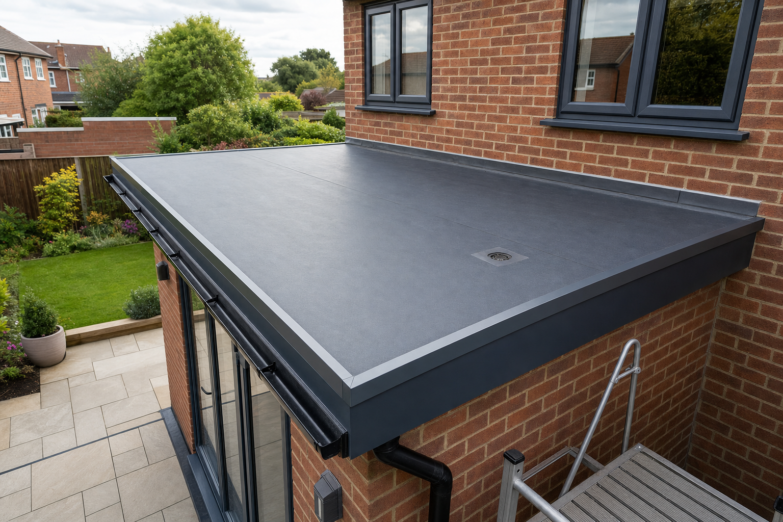 Flat roof extension with a sleek, modern design, adjoining a brick house next to a well-maintained garden.