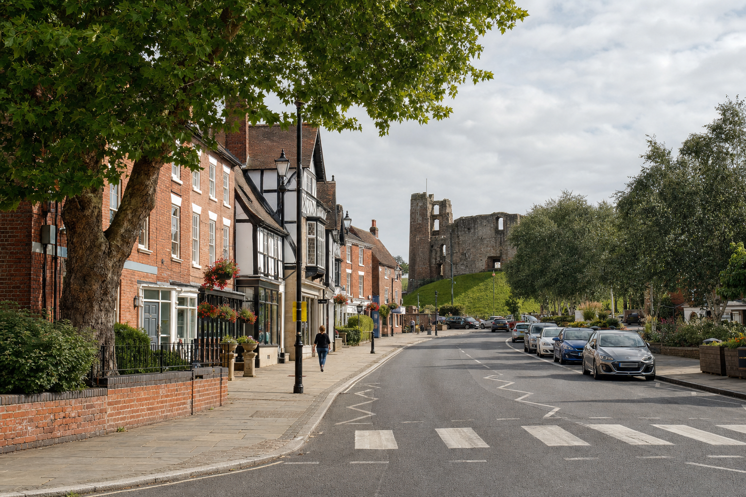 A street lined with traditional English buildings leads to a historic stone castle under a cloudy sky.