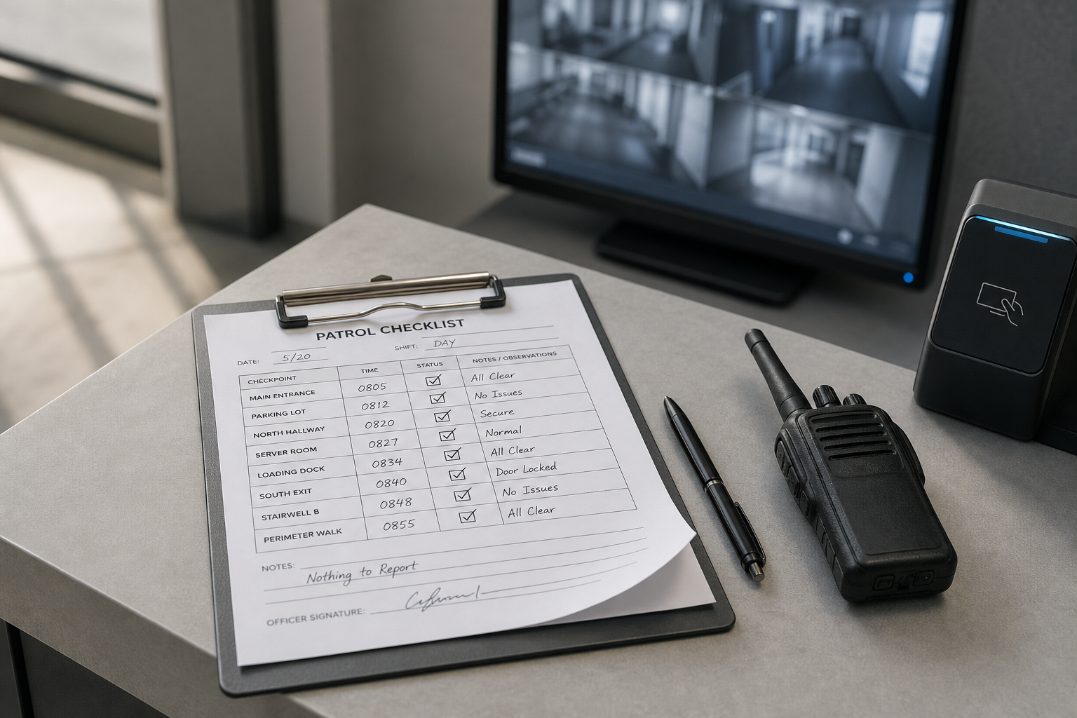 Security checklist on a clipboard next to a pen and radio on a desk, with CCTV monitors in the background.