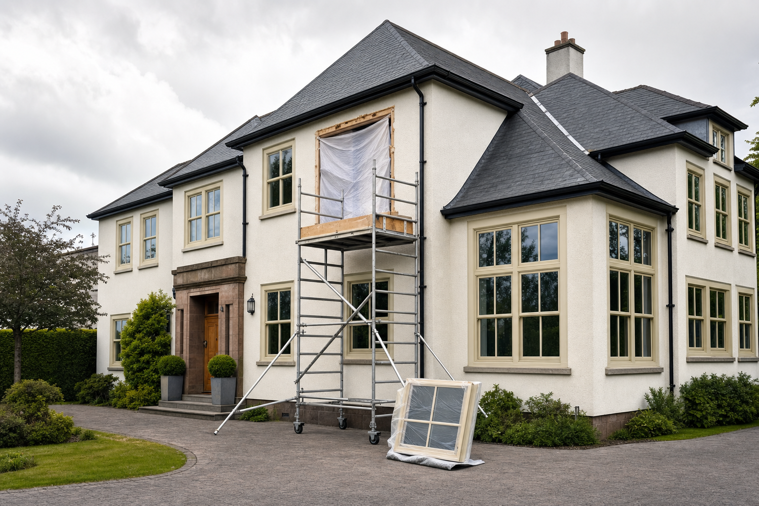 A large house with scaffolding set up for window installation on a cloudy day.