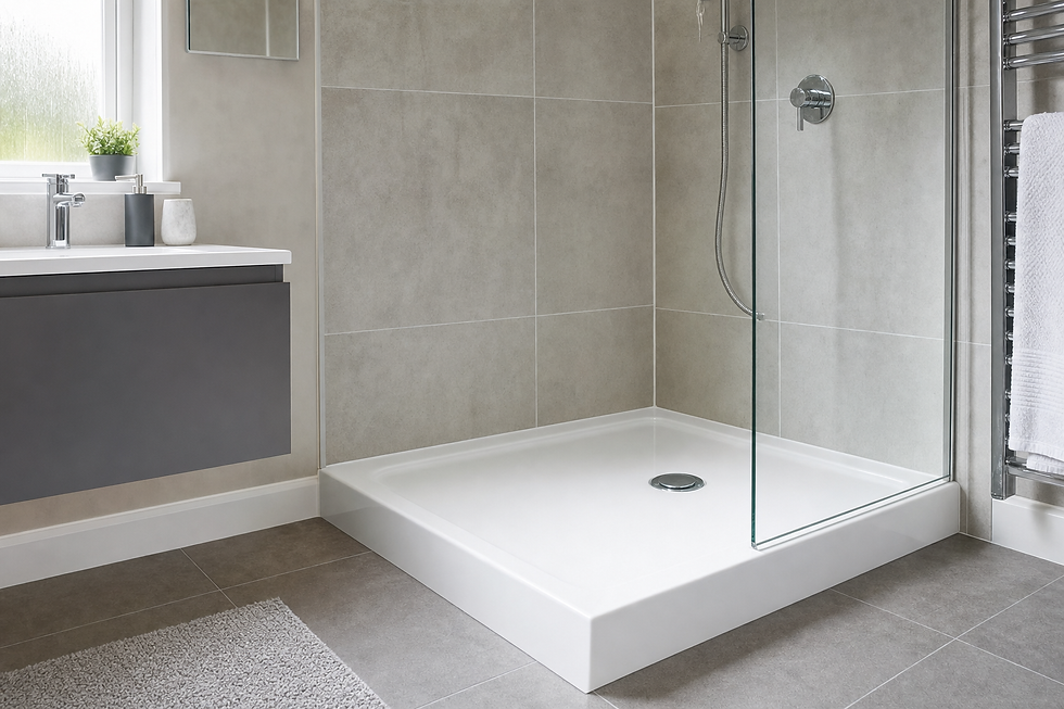 A modern bathroom with a glass shower enclosure and grey tiled walls.