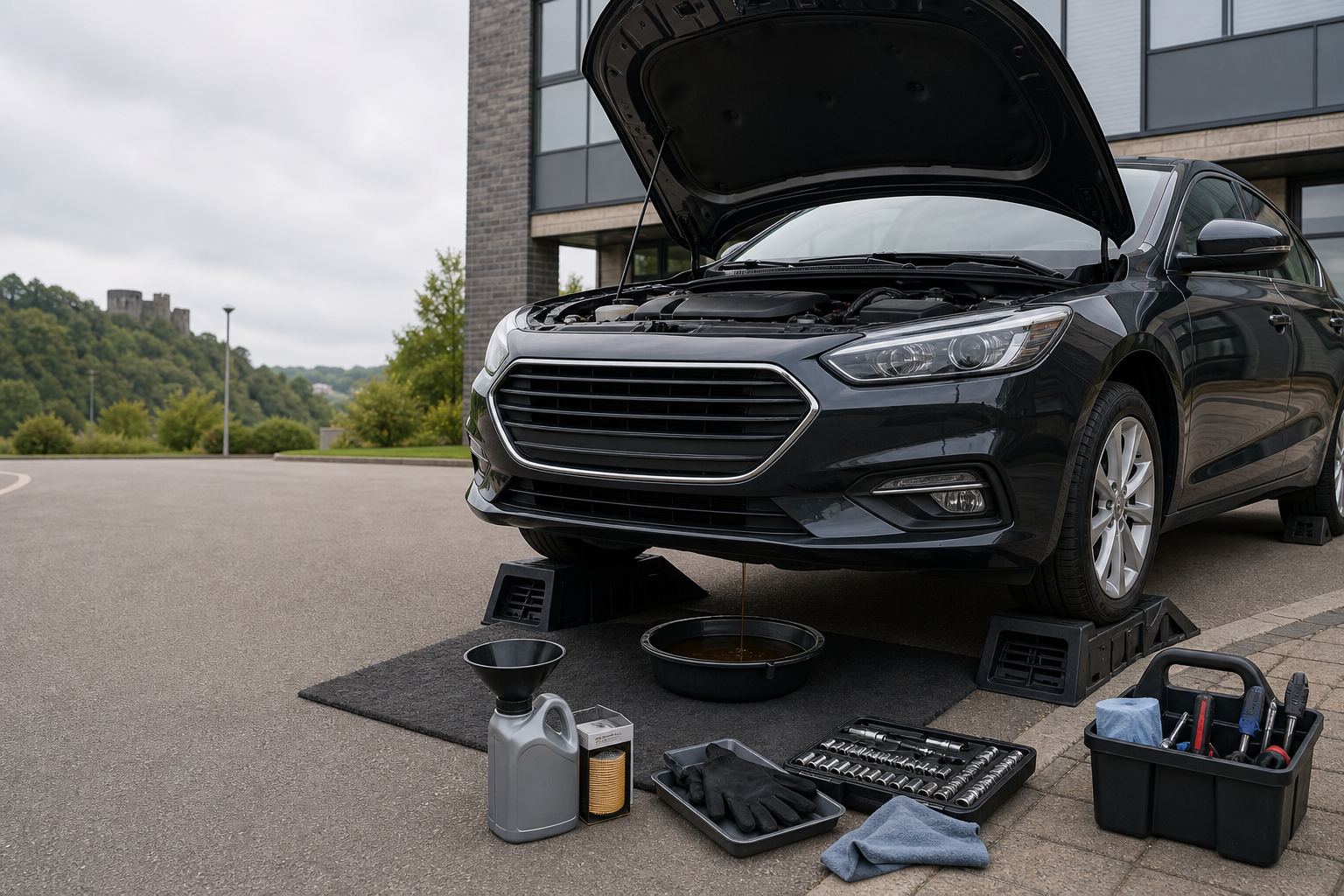 Car on ramps with hood open for oil change, surrounded by tools and oil supplies.