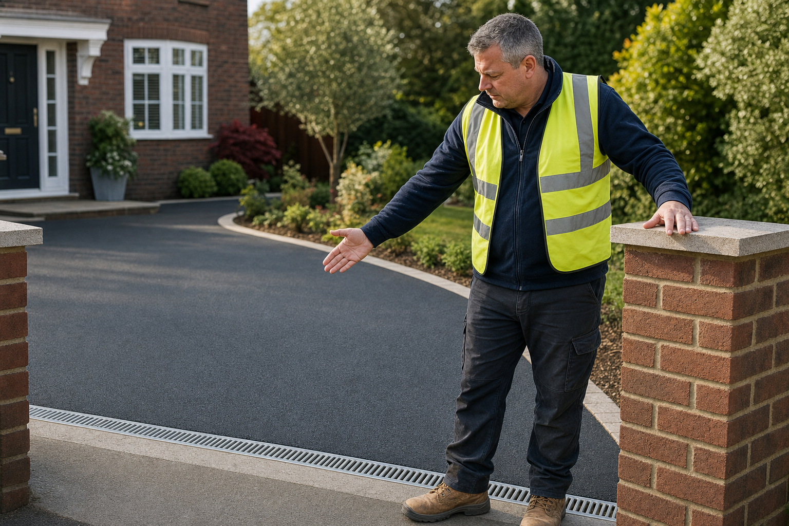 A man in a high-visibility vest gestures towards a newly paved driveway in front of a brick house.