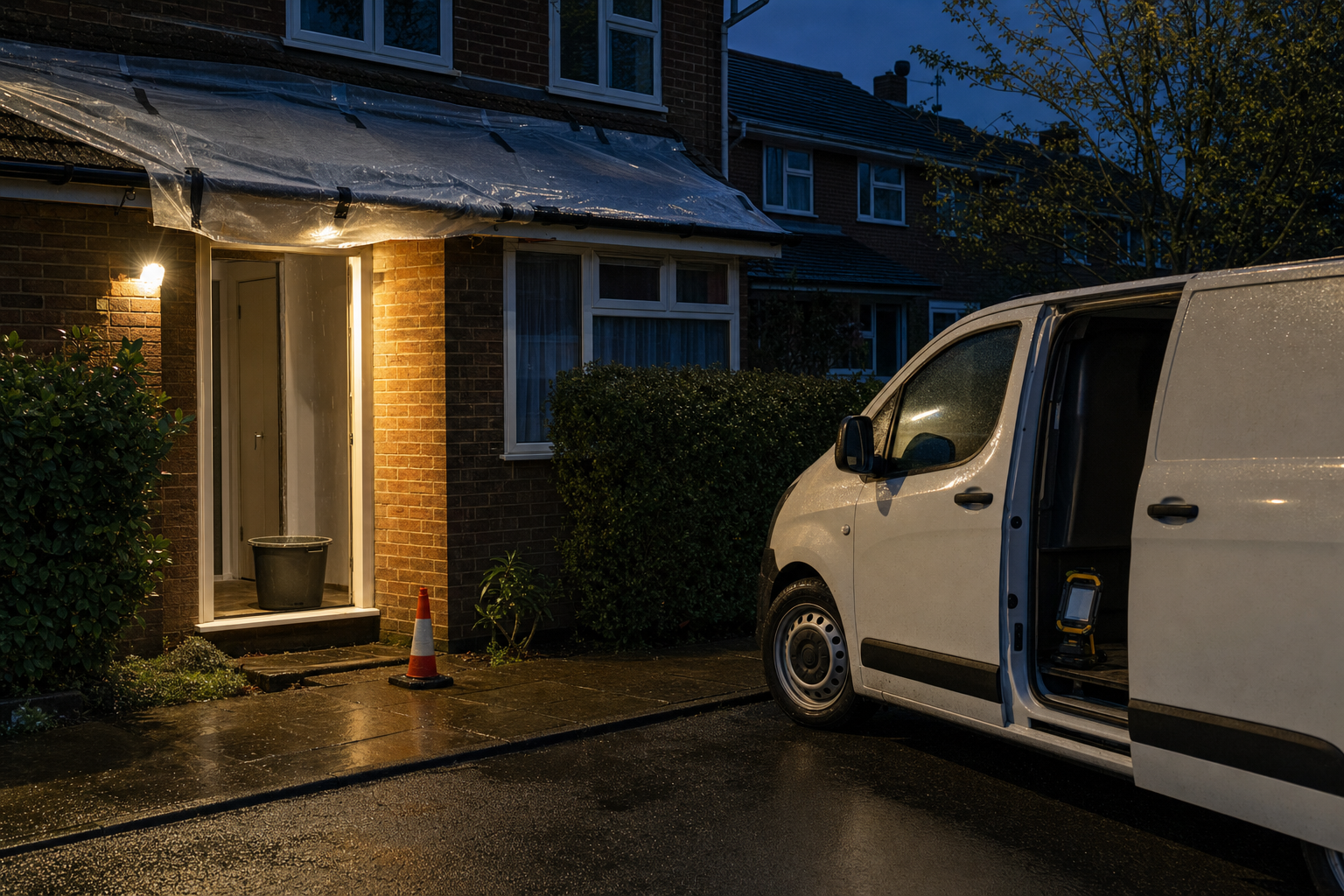 White van with an open door parked by a house under a tarp at night, with a lit doorway and a traffic cone nearby.