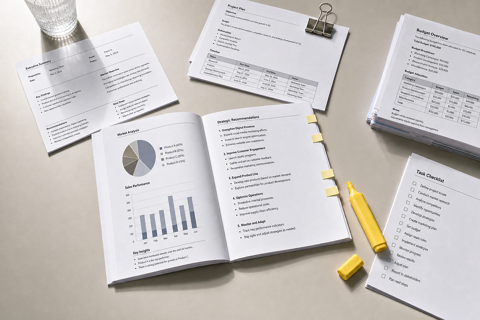 Office documents with charts, graphs, and a task checklist on a desk beside a yellow highlighter.