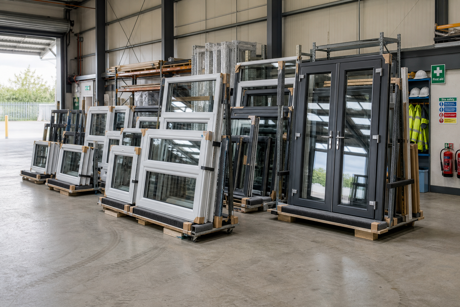 Stacks of window frames and glass doors in a warehouse.