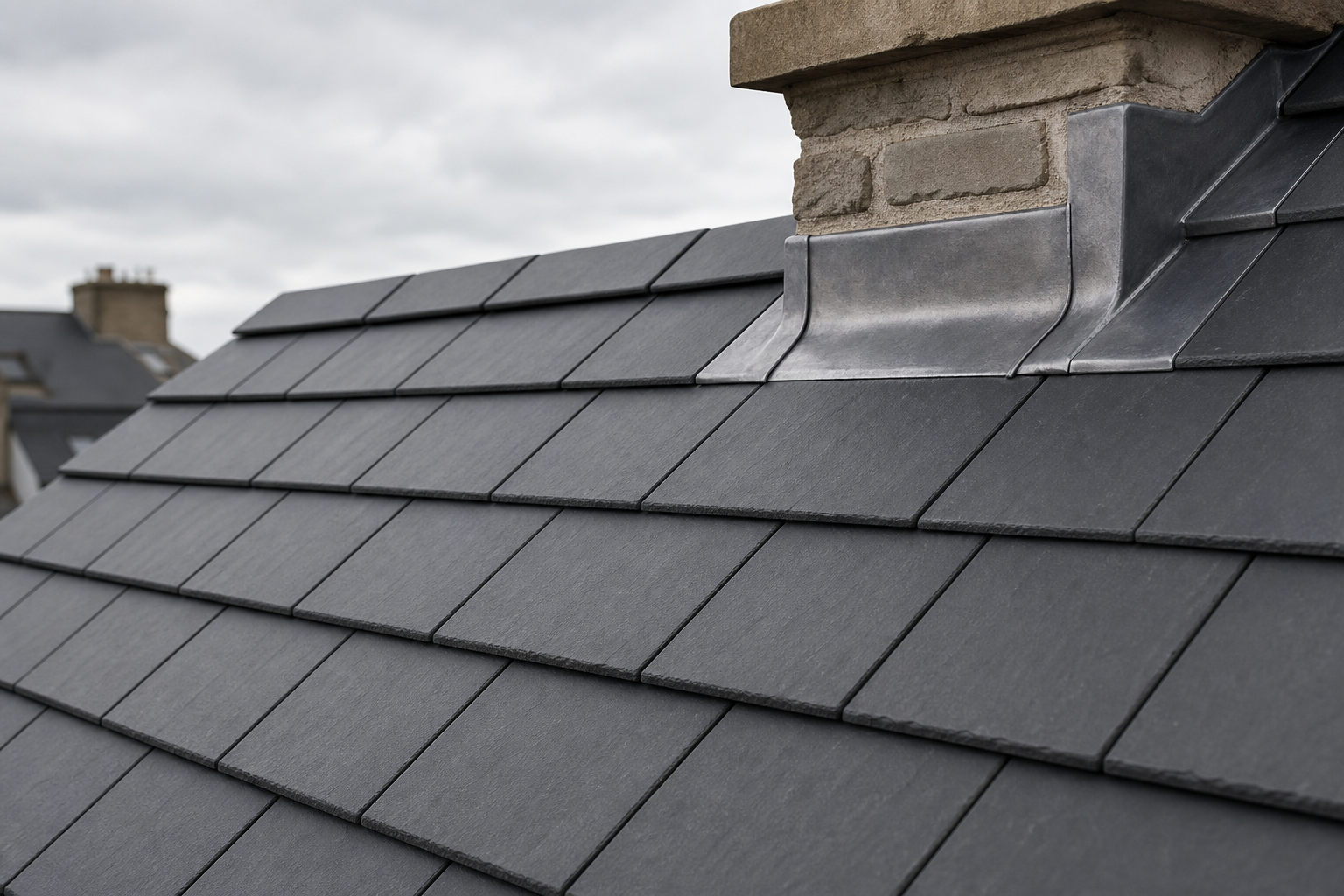 Dark slate roof tiles with precise metal flashing around a brick chimney under a cloudy sky.