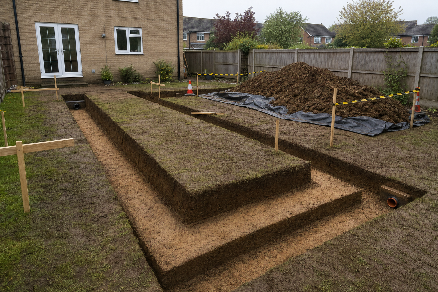 A garden with freshly dug rectangular trenches beside a pile of soil covered with tarp and traffic cones.