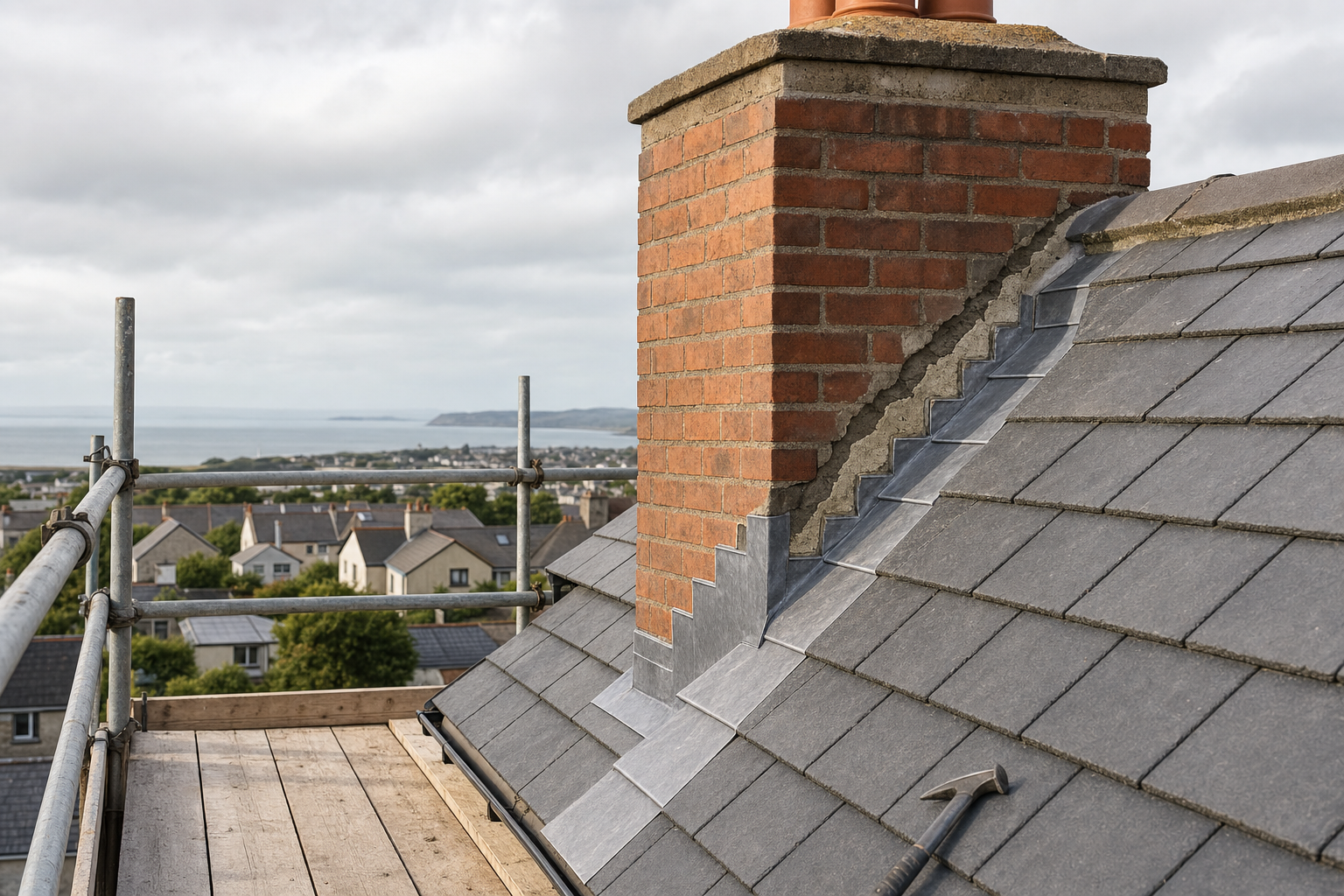 Scaffolding surrounds a brick chimney on a slate roof with an ocean view in the background.
