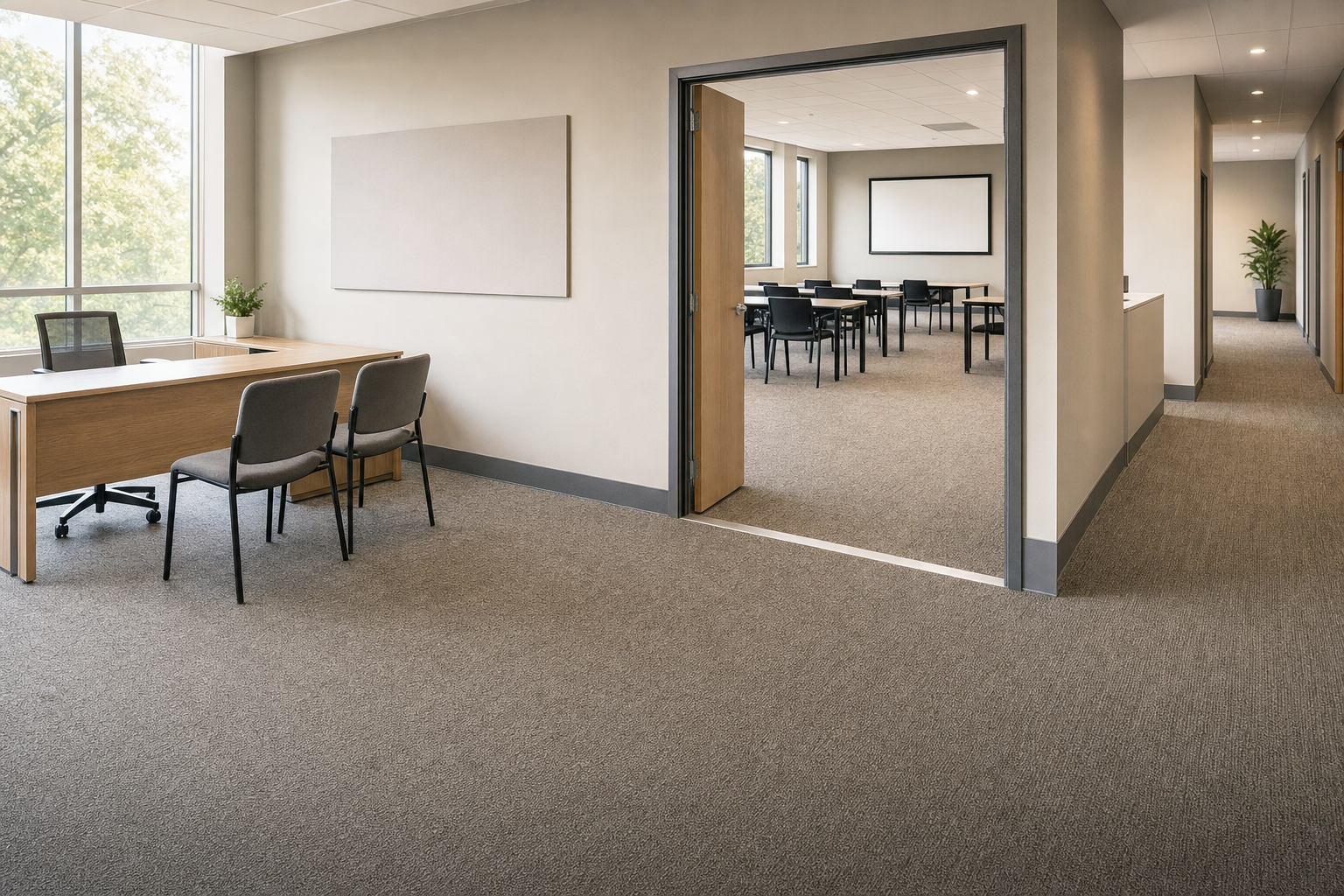 Modern office space with a wooden desk, swivel chair, and an adjacent meeting room with tables and chairs.