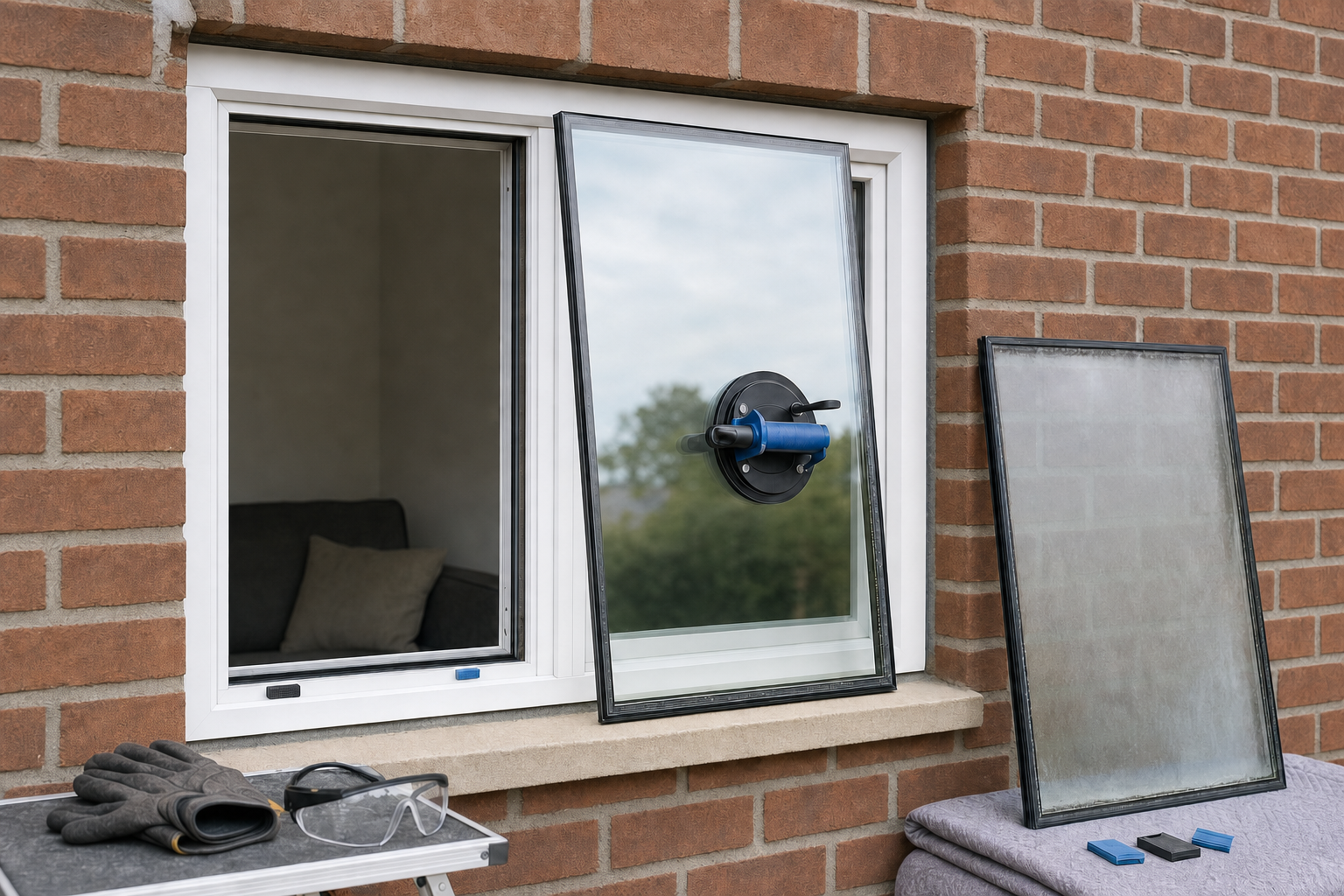 A replacement window pane with a suction cup is being installed in a brick wall next to tools and safety equipment.