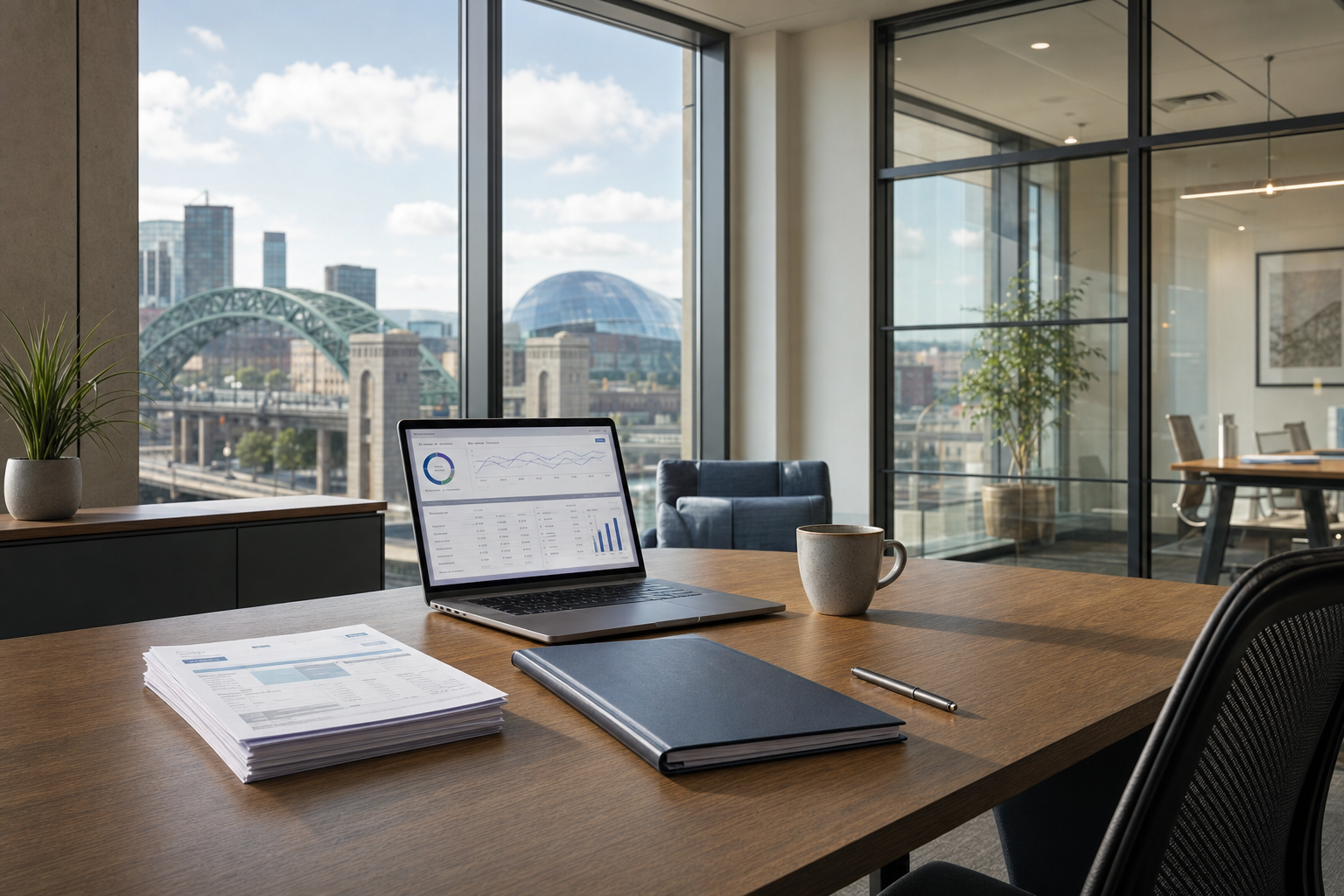 Modern office desk with a laptop displaying graphs, beside a cup and stationery, overlooking a city skyline.