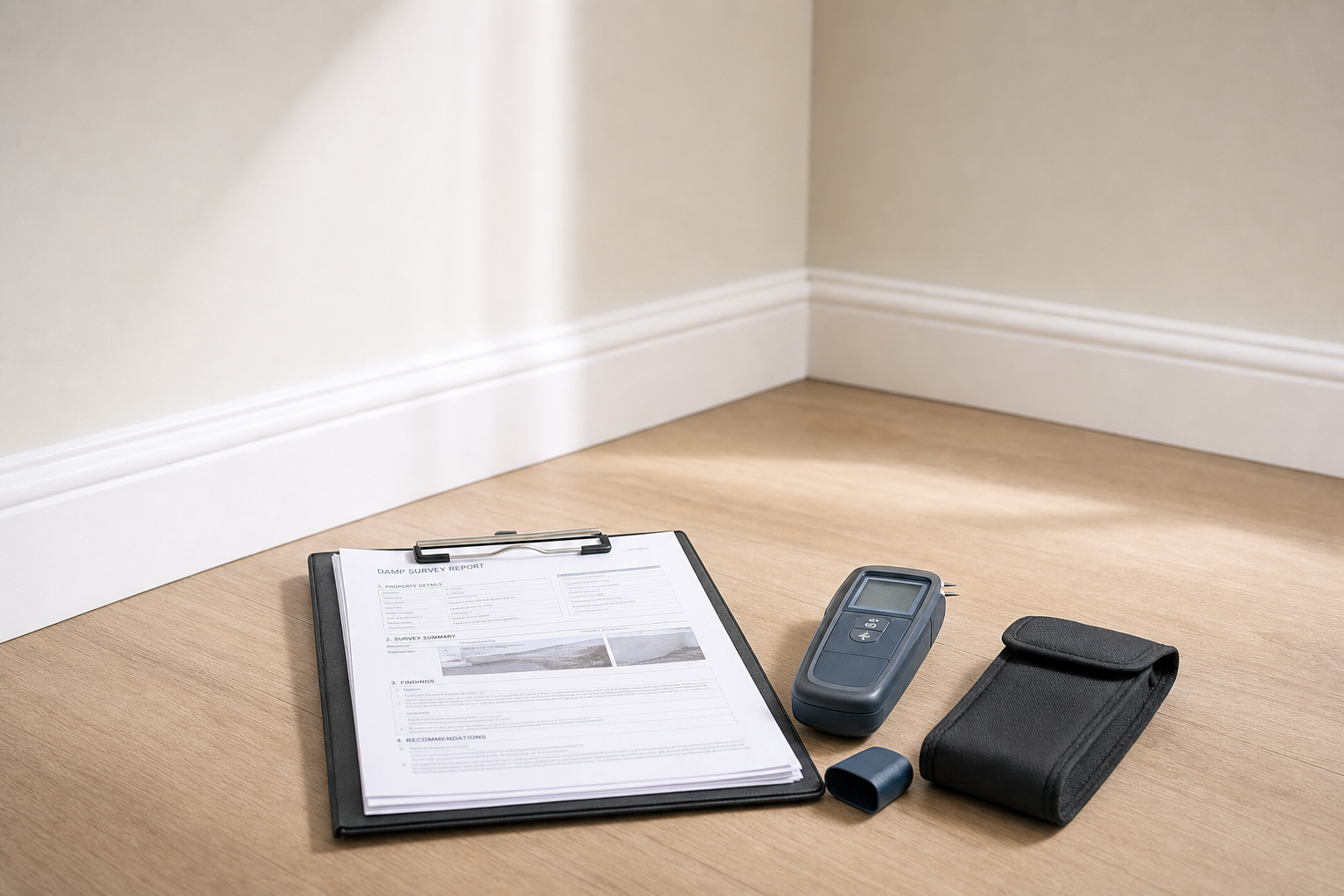 Damp survey report and moisture meter kit on a wooden floor in a room corner.