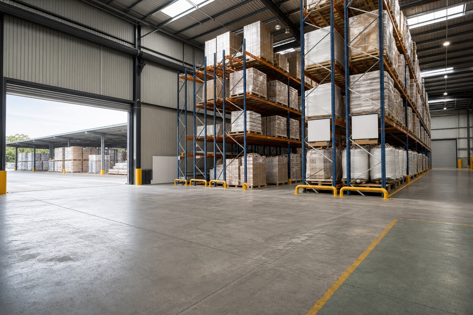 Warehouse interior with stacked pallets on shelves and an open loading bay visible.