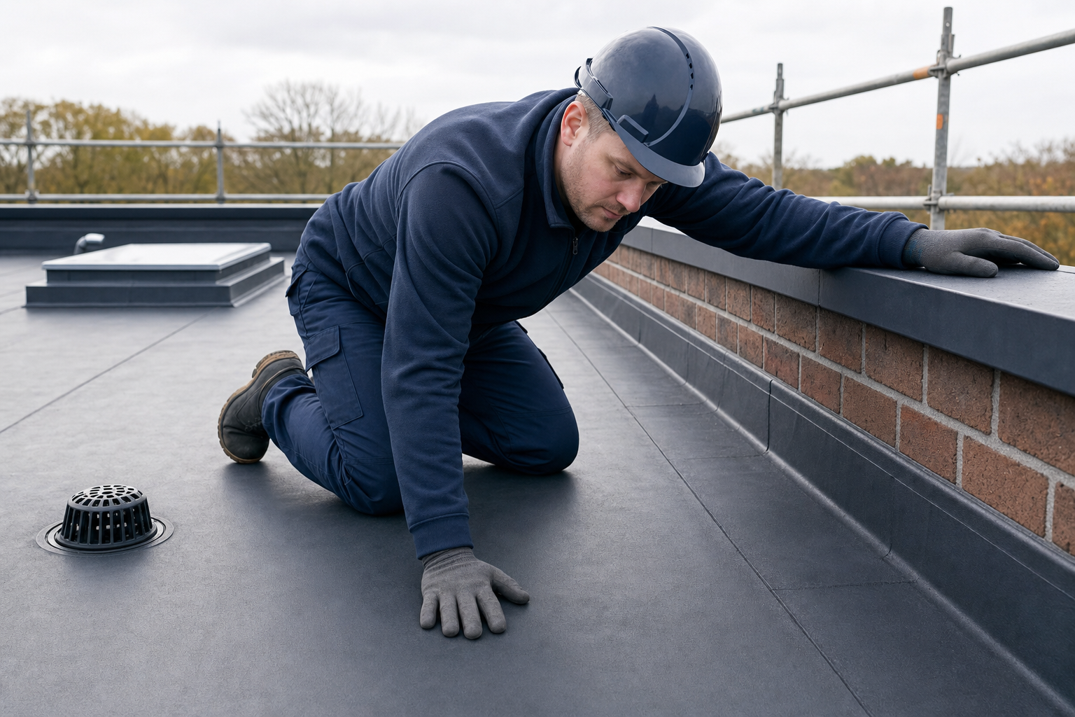 Construction worker in protective gear inspecting a flat rooftop with brick edging and safety railing.