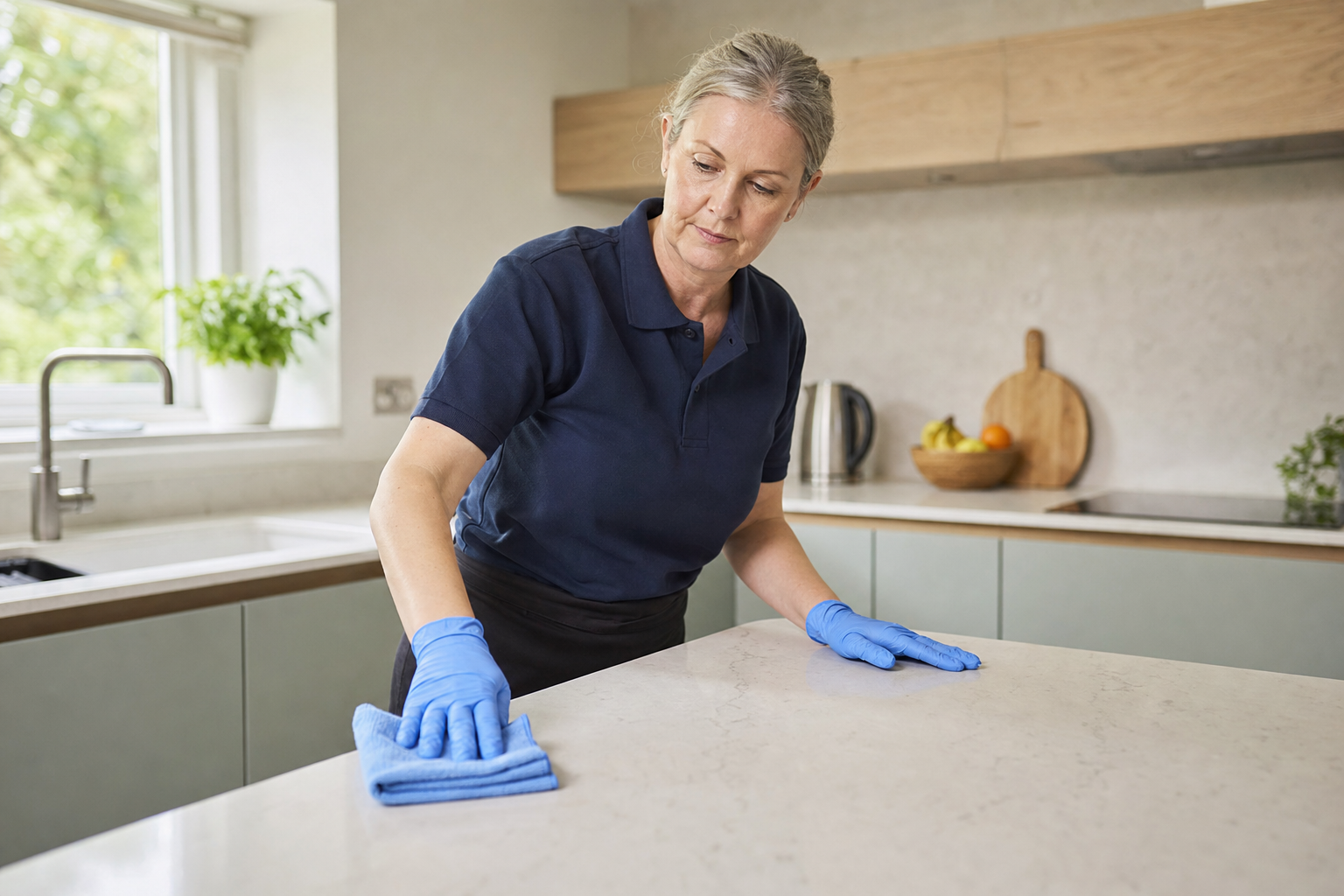 A woman wearing gloves cleans a kitchen worktop with a cloth in a bright kitchen.