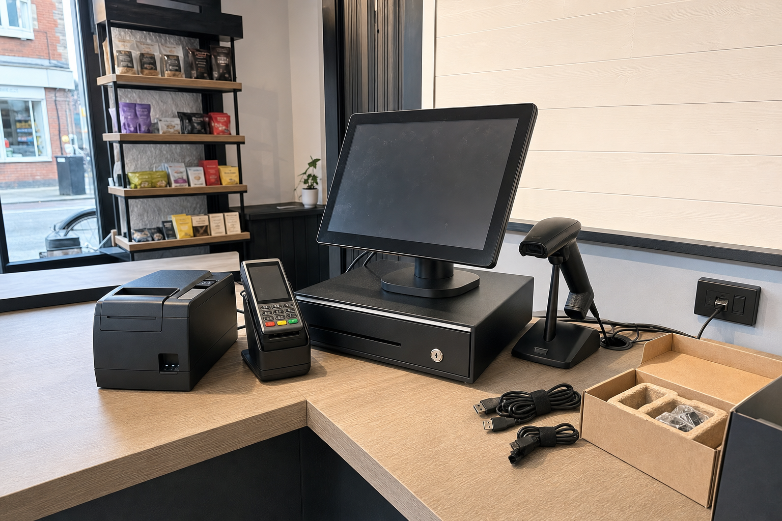 Modern till system with a touchscreen, card reader, and receipt printer on a retail counter.