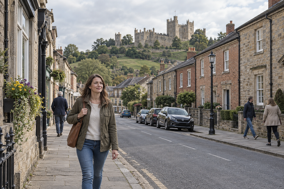 A woman walks along a quaint street lined with stone houses, with a historic castle visible in the background.