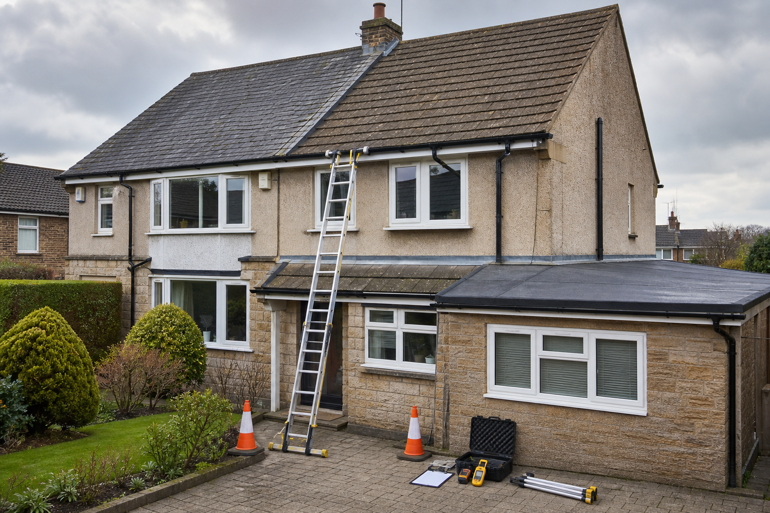Two-story house with a ladder extended to the roof, surrounded by tools and traffic cones.