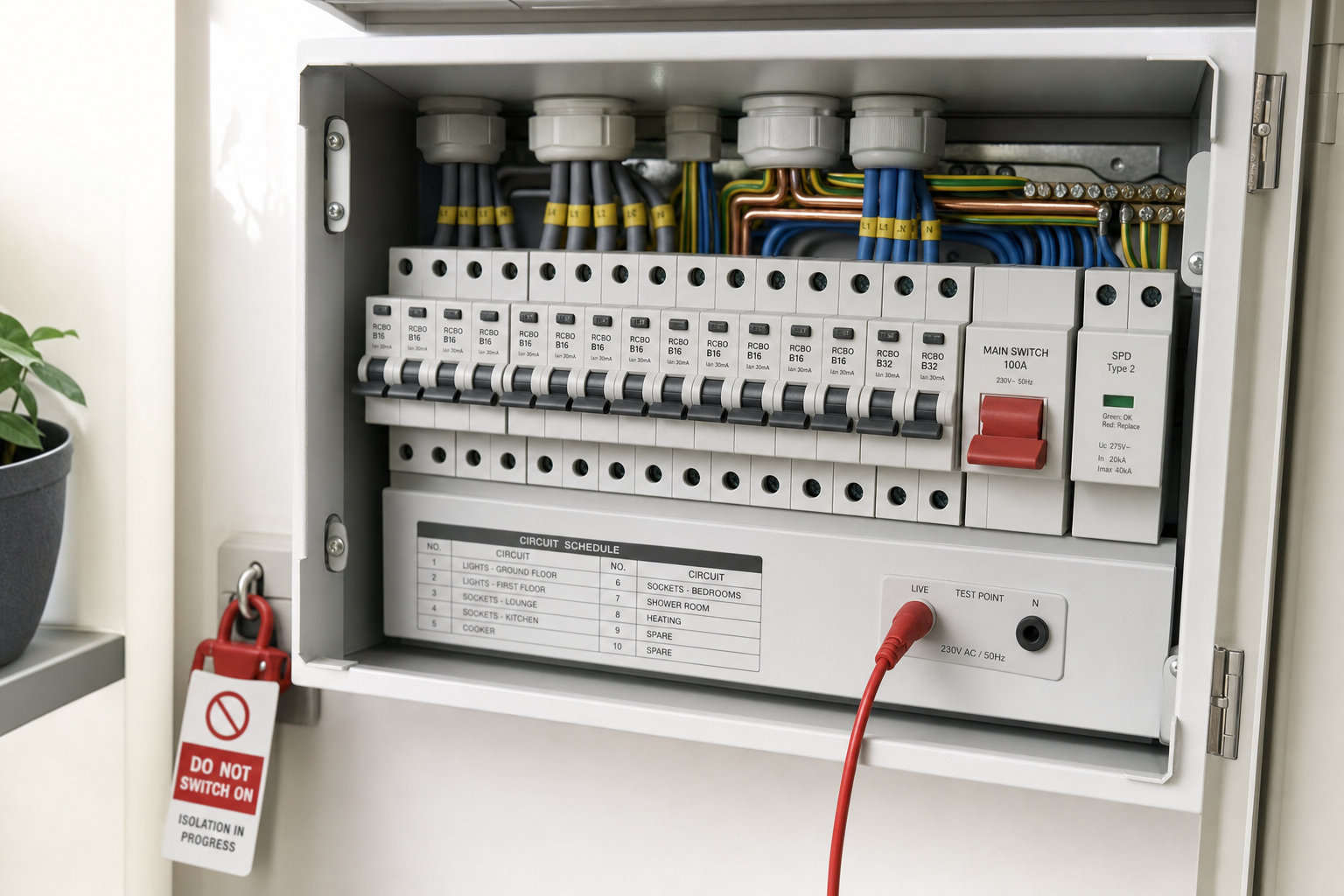 Electrical consumer unit with circuit breakers, testing point, and a safety lockout tag stating "Do Not Switch On."