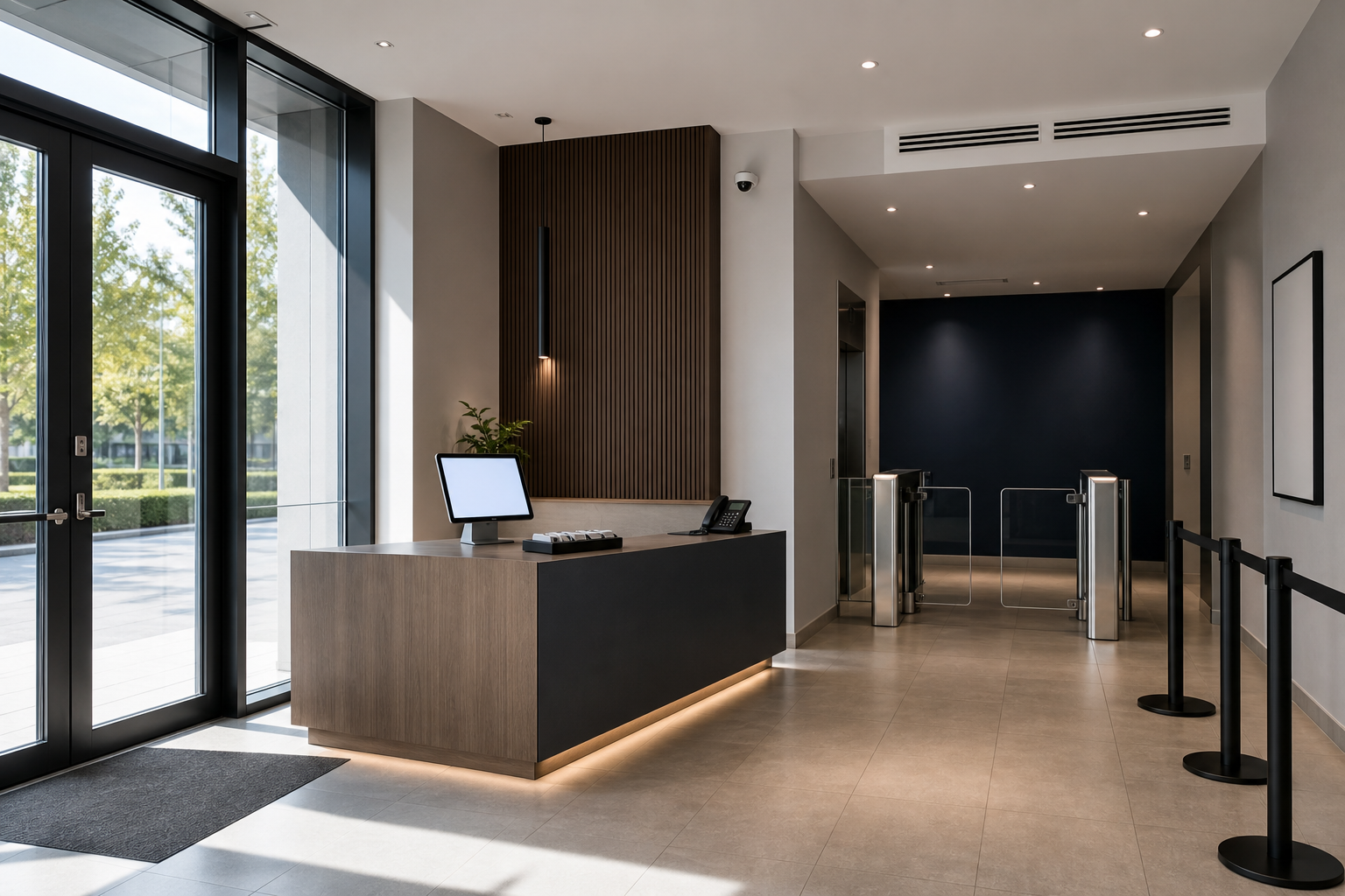 Modern office reception with a wooden desk, computer monitor, phone, and access gates, illuminated by natural light from large windows.