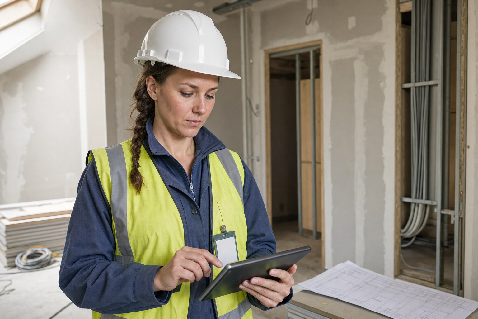 Construction worker in a hard hat and high-visibility vest using a tablet in a building under renovation.