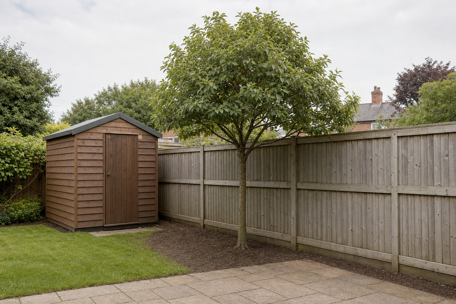 Wooden garden shed beside a tree and fence in a neatly maintained backyard.