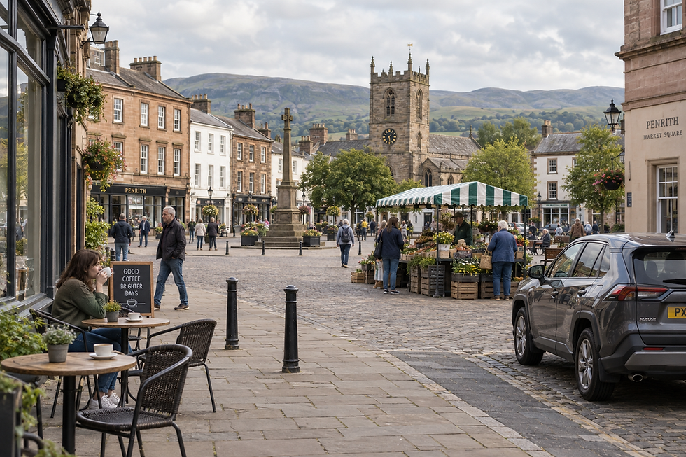 Town centre with people at an outdoor market and a café, with a church and hills in the background.