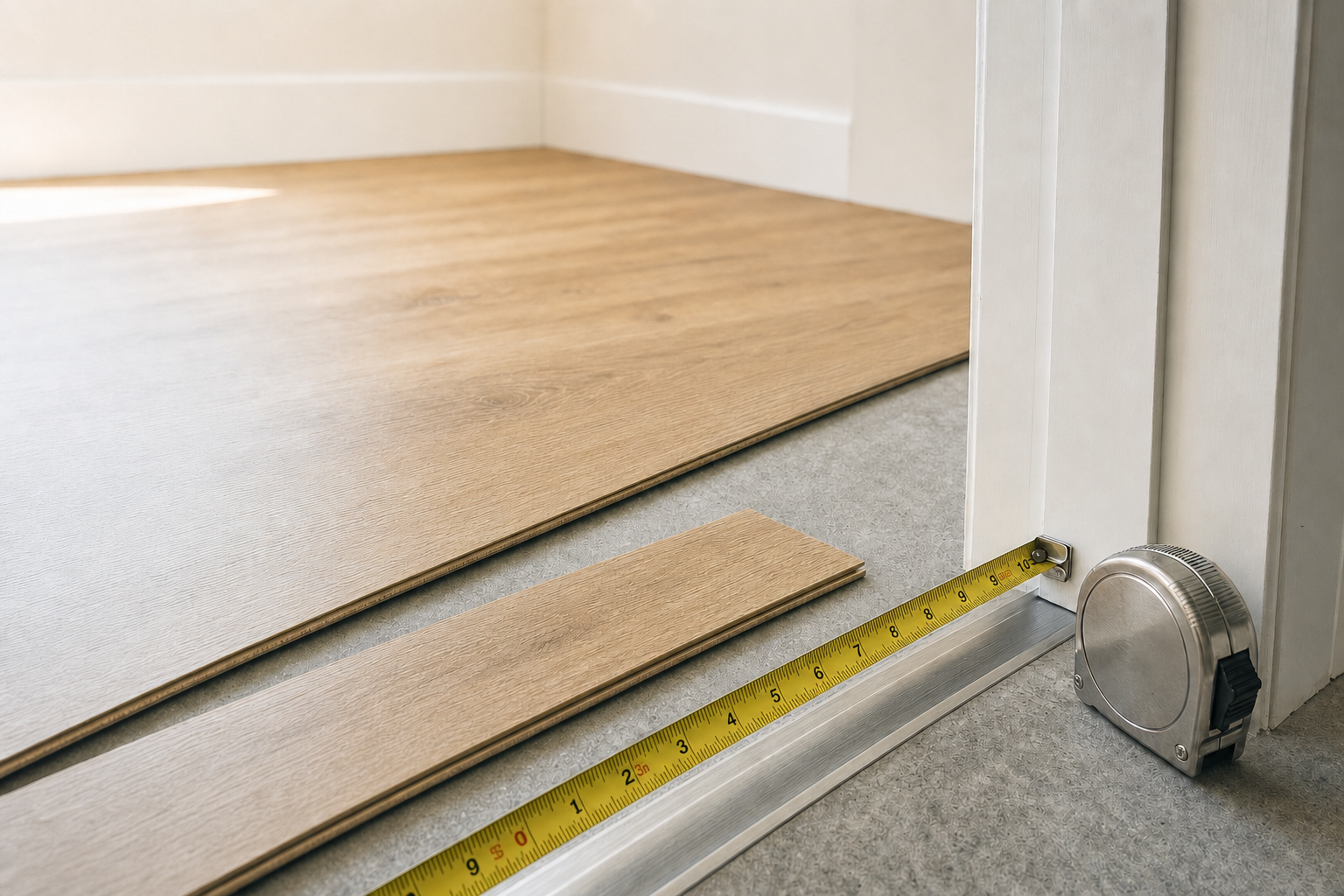 Brown laminate flooring being measured with a tape measure in a room corner.