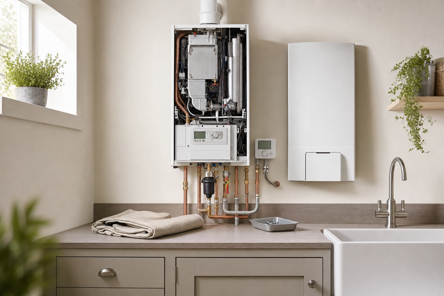 An open combi boiler on a kitchen countertop next to a sink, with plants and folded towels nearby.