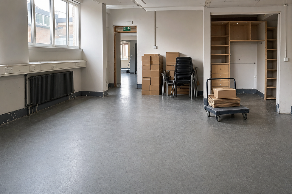 Empty room with stacked chairs, cardboard boxes, and a trolley in front of built-in shelves.